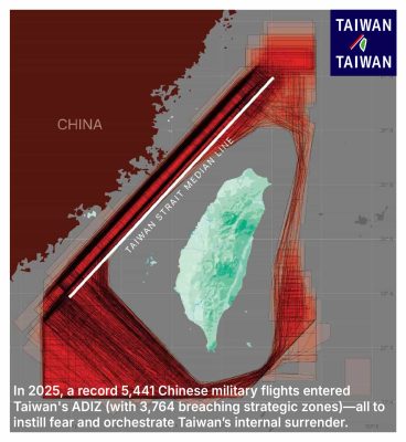 In 2025, a record 5,441 Chinese military flights entered Taiwan's ADIZ—3,764 breached the median line or strategic zones.