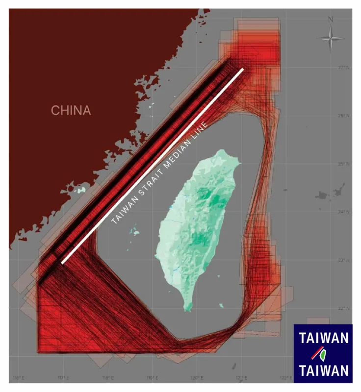 2025年中共軍機侵擾台灣防空識別區(ADIZ)與逾越海峽中線的侵擾熱區年度累積